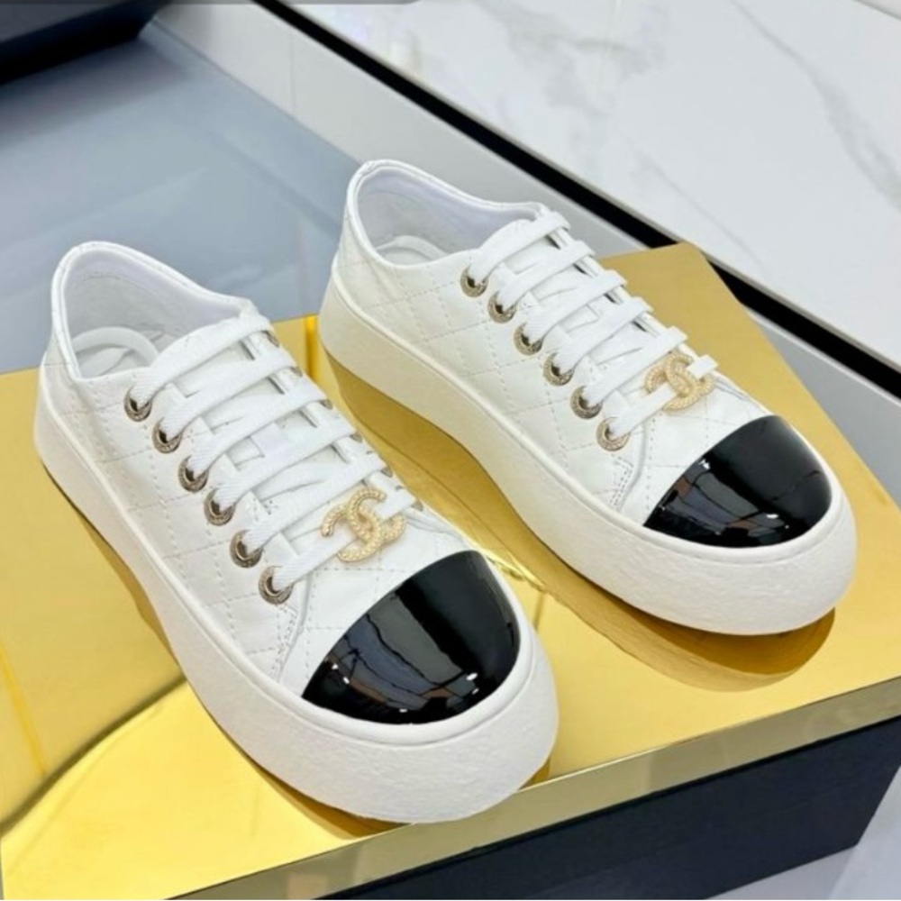 Patent White and Black Women's Sneakers